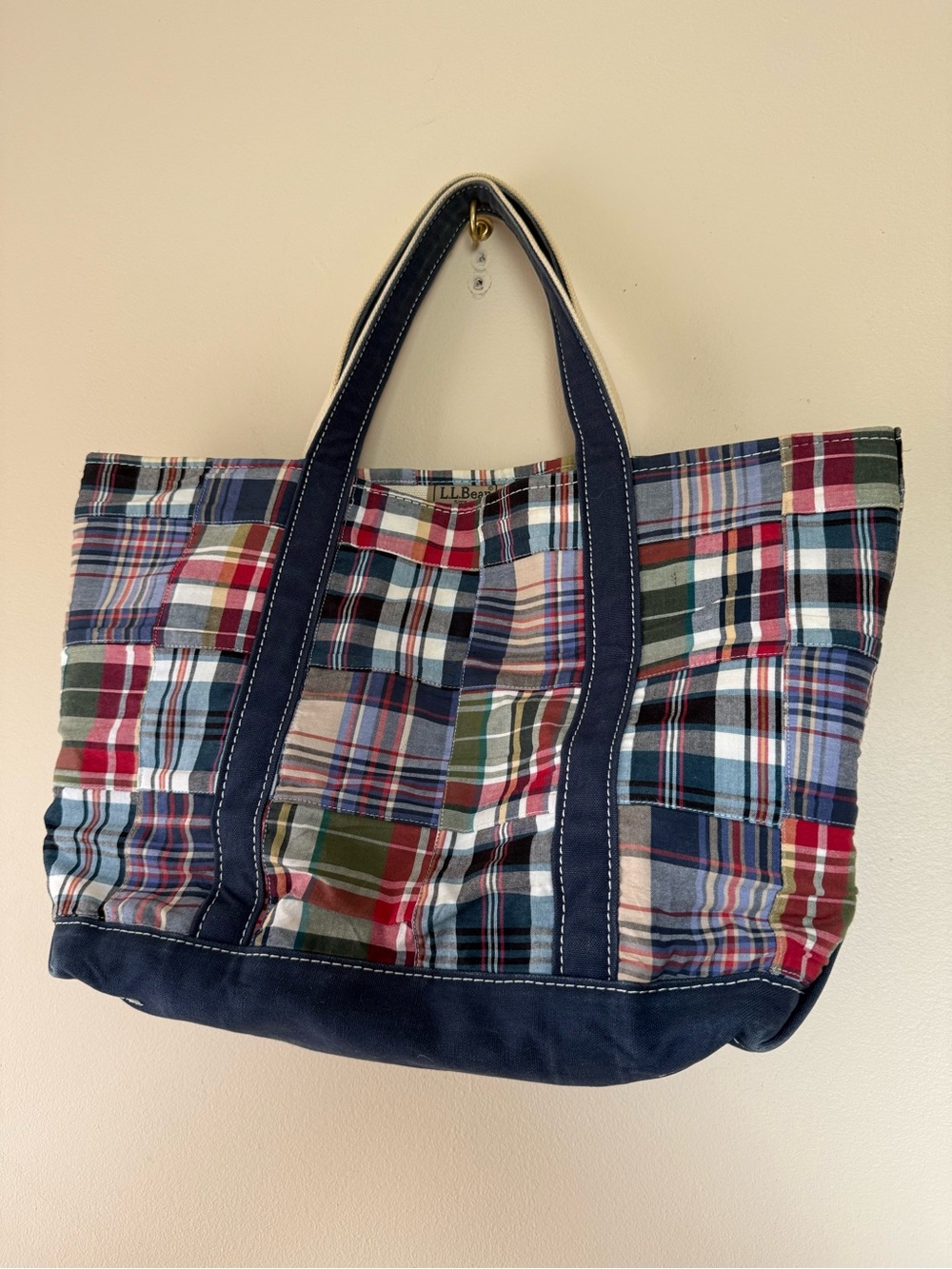 VTG LLBean Madras Plaid Boat & Tote Bag Patchwork Navy Red